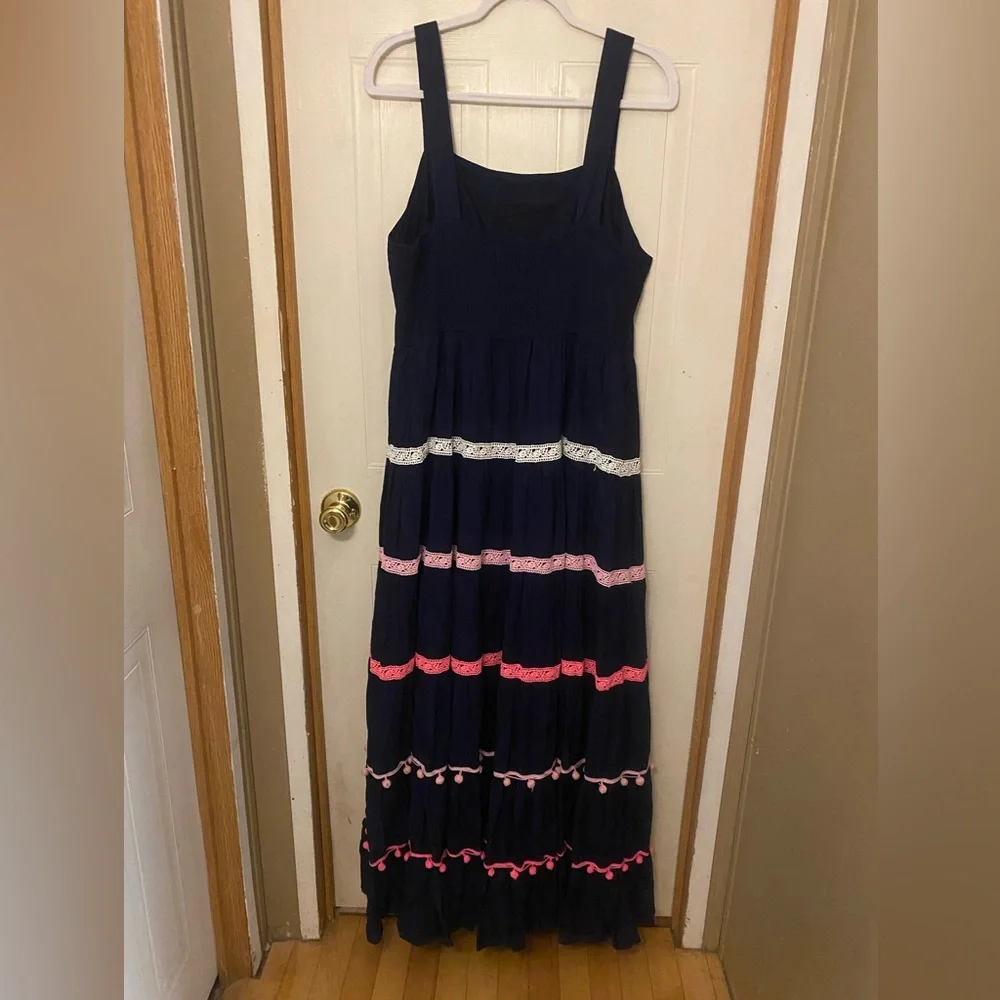 Crown & Ivy Navy Tiered Maxi Dress with Pink & White Trim with Pom Poms - Picture 3 of 7